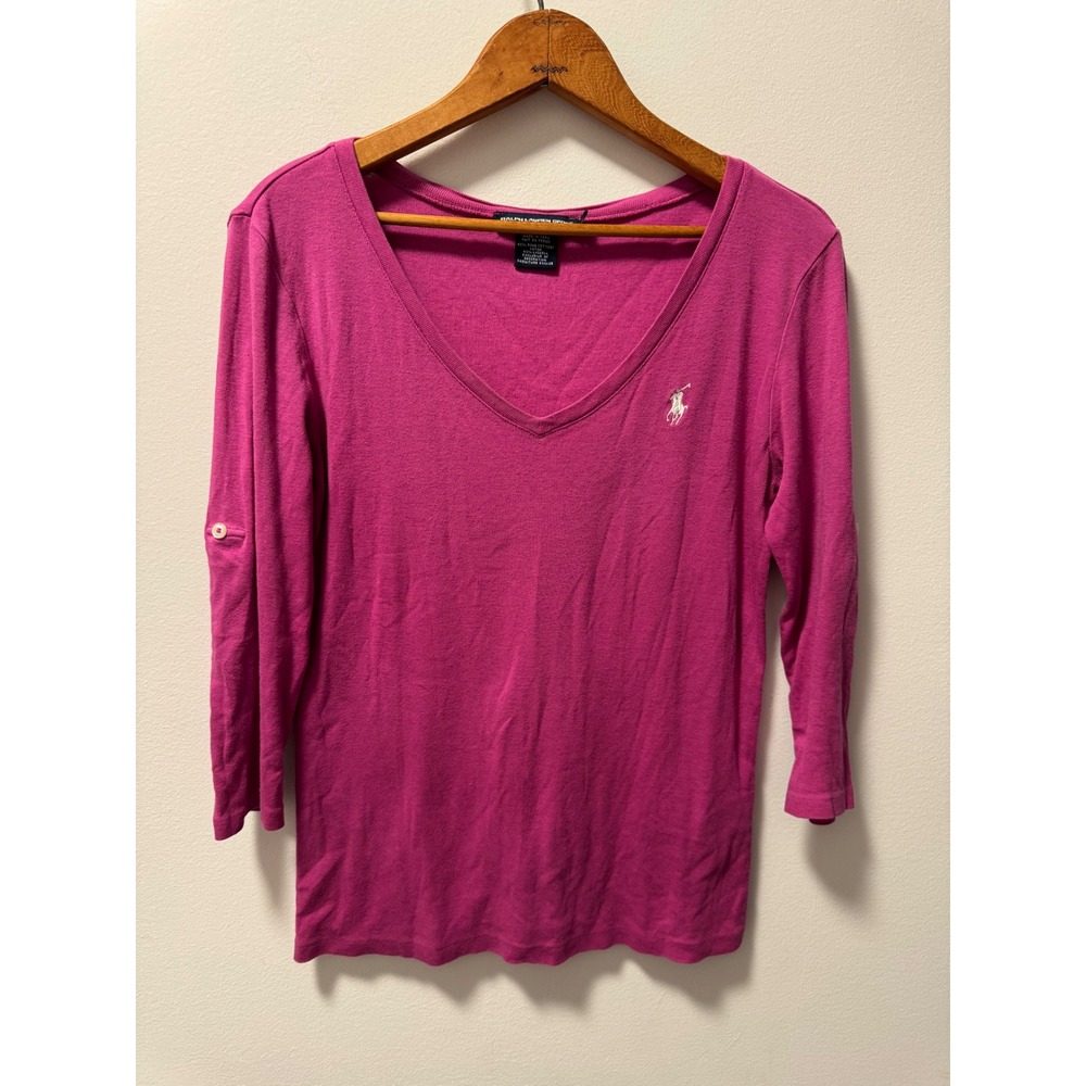 Ralph Lauren Sport Womens V-Neck Magenta Pink 3/4 Roll Tab Sleeve Pima Cotton M